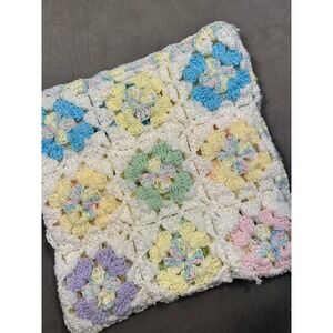 Handmade Crochet Baby Blanket Pastel Floral Granny Square White Multi 30x34